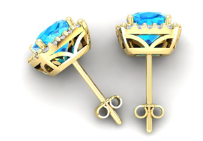 4 Carat Cushion Cut Blue Topaz & Halo Diamond Stud Earrings In 14K Yellow Gold (3.5 G), I/J By SuperJeweler