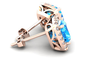 4 Carat Cushion Cut Blue Topaz & Halo Diamond Stud Earrings In 14K Rose Gold (3.5 G), I/J By SuperJeweler