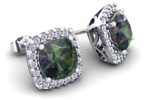 4 Carat Cushion Cut Mystic Topaz & Halo Diamond Stud Earrings In 14K White Gold (3.5 G), I/J By SuperJeweler
