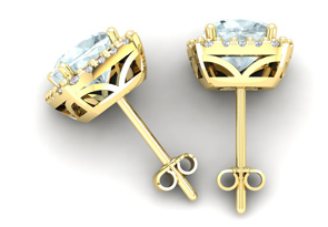 3 1/2 Carat Cushion Cut Aquamarine & Halo Diamond Stud Earrings In 14K Yellow Gold (3.5 G), I/J By SuperJeweler