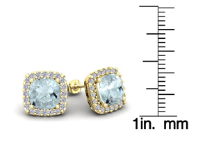 3 1/2 Carat Cushion Cut Aquamarine & Halo Diamond Stud Earrings In 14K Yellow Gold (3.5 G), I/J By SuperJeweler