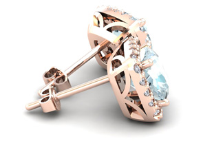 3 1/2 Carat Cushion Cut Aquamarine & Halo Diamond Stud Earrings In 14K Rose Gold (3.5 G), I/J By SuperJeweler