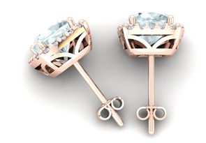 3 1/2 Carat Cushion Cut Aquamarine & Halo Diamond Stud Earrings In 14K Rose Gold (3.5 G), I/J By SuperJeweler