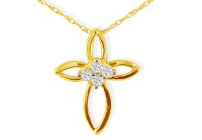 .10 Carat 4 Diamond Center Point Cross Pendant Necklace In 10k Yellow Gold, J/K, 18 Inch Chain By SuperJeweler