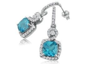 Dangling Micropave Blue Topaz & Diamond Earrings, 14K White Gold, I/J By SuperJeweler