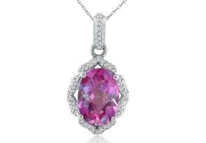Enormous Pink Topaz & Diamond Pendant Necklace In 14K White Gold (6 G), I/J, 18 Inch Chain By SuperJeweler