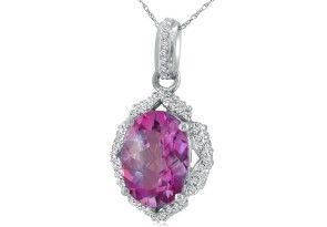 Enormous Pink Topaz & Diamond Pendant Necklace In 14K White Gold (6 G), I/J, 18 Inch Chain By SuperJeweler