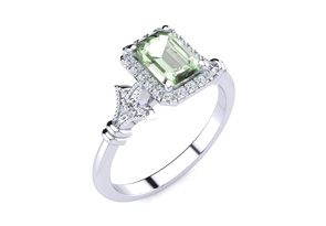 1 Carat Green Amethyst & Halo Diamond Vintage Ring In 14K White Gold (3.8 G), H/I By SuperJeweler