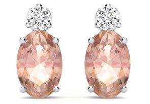 1-2/3 Carat Oval Shape Morganite Earrings W/ Diamond, Studs In 14K White Gold (1.90 G) (I-J, SI2-I1) By SuperJeweler