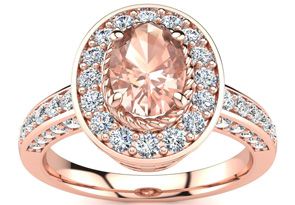 1-1/2 Carat Oval Shape Morganite & Halo Diamond Ring In 14K Rose Gold (5.2 G) (I-J, I1-I2) By SuperJeweler