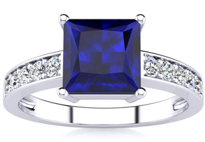 Square Step Cut 1 7/8 Carat Sapphire & 10 Diamond Ring In 14K White Gold (3.40 G), I-J, Size 4 By SuperJeweler