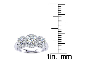1 Carat Round Shape Halo Diamond Three Stone Ring In 14K White Gold (5.20 G), G-H Color By SuperJeweler