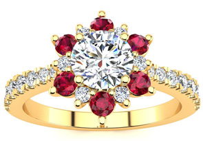 1 Carat Round Shape Flower Halo Ruby & Diamond Engagement Ring In 14K Yellow Gold (3.60 G) (I-J, I1-I2 Clarity Enhanced), Size 4 By SuperJeweler