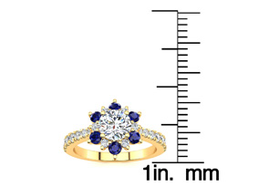 1 Carat Round Shape Flower Halo Sapphire & Diamond Engagement Ring In 14K Yellow Gold (3.60 G) (H-I, SI2-I1), Size 4 By SuperJeweler