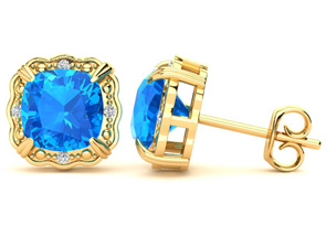 2 Carat Cushion Cut Blue Topaz & Diamond Earrings In 10k Yellow Gold (2.20 G), I/J By SuperJeweler