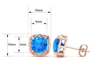 2 Carat Cushion Cut Blue Topaz & Diamond Earrings In 10k Rose Gold (2.20 G), I/J By SuperJeweler