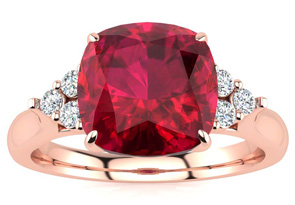 3 1/5 Carat Cushion Cut Ruby & 6 Diamond Ring In 14K Rose Gold (4 G), I-J, Size 4 By SuperJeweler