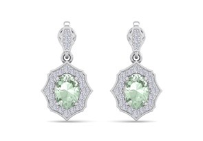 1 2/3 Carat Oval Shape Green Amethyst & Diamond Dangle Earrings In 14K White Gold (2.80 G), I/J By SuperJeweler