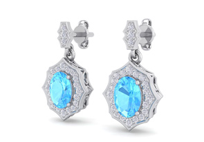 2 1/4 Carat Oval Shape Blue Topaz & Diamond Dangle Earrings In 14K White Gold (2.80 G), I/J By SuperJeweler