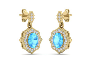 2 1/4 Carat Oval Shape Blue Topaz & Diamond Dangle Earrings In 14K Yellow Gold (2.80 G), I/J By SuperJeweler