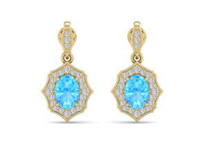 2 1/4 Carat Oval Shape Blue Topaz & Diamond Dangle Earrings In 14K Yellow Gold (2.80 G), I/J By SuperJeweler