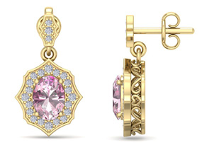 2 1/4 Carat Oval Shape Pink Topaz & Diamond Dangle Earrings In 14K Yellow Gold (2.80 G), I/J By SuperJeweler