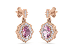 2 1/4 Carat Oval Shape Pink Topaz & Diamond Dangle Earrings In 14K Rose Gold (2.80 G), I/J By SuperJeweler