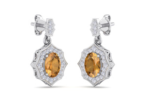 1 3/4 Carat Oval Shape Citrine & Diamond Dangle Earrings In 14K White Gold (2.80 G), I/J By SuperJeweler