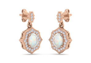 1-3/4 Carat Oval Shape Opal & Diamond Dangle Earrings In 14K Rose Gold (2.80 G) (J-K, I1-I2) By SuperJeweler