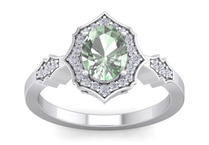 1 1/3 Carat Oval Shape Green Amethyst & 26 Diamond Ring In 14K White Gold (3.90 G), I-J, Size 4 By SuperJeweler