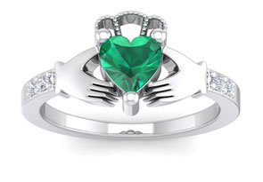 3/4 Carat Heart Shape Emerald Cut & Diamond Claddagh Ring In 14K White Gold (4 G), I-J, Size 4 By SuperJeweler