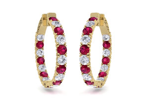 7 Carat Ruby & Diamond Hoop Earrings In 14K Yellow Gold (10 G), 1.25 Inch, J/K By SuperJeweler