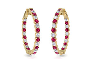 5 Carat Ruby & Diamond Hoop Earrings In 14K Yellow Gold (14 G), 1.5 Inches, J/K By SuperJeweler