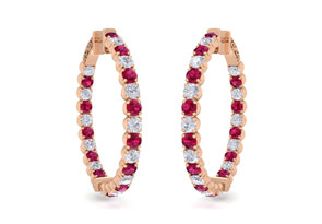 5 Carat Ruby & Diamond Hoop Earrings In 14K Rose Gold (14 G), 1.5 Inches, J/K By SuperJeweler