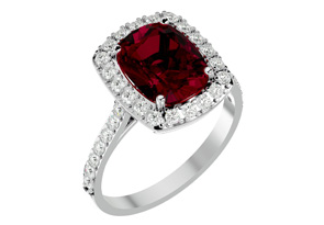 5 Carat Cushion Cut Ruby & Halo 34 Diamond Ring In 18K White Gold (6.50 G), , Size 4 By SuperJeweler