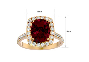 5 Carat Cushion Cut Ruby & Halo 34 Diamond Ring In 18K Yellow Gold (6.50 G), , Size 4 By SuperJeweler