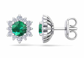 1 Carat Round Shape Flower Emerald Cut & Diamond Halo Stud Earrings In 14K White Gold (1.80 G),  By SuperJeweler
