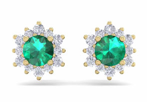 1 Carat Round Shape Flower Emerald Cut & Diamond Halo Stud Earrings In 14K Yellow Gold (1.80 G),  By SuperJeweler