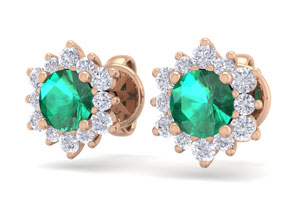 1 Carat Round Shape Flower Emerald Cut & Diamond Halo Stud Earrings In 14K Rose Gold (1.80 G),  By SuperJeweler