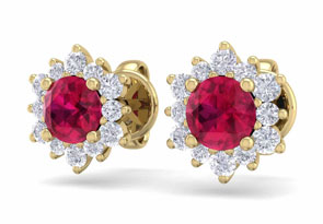 1 Carat Round Shape Flower Ruby & Diamond Halo Stud Earrings In 14K Yellow Gold (1.80 G),  By SuperJeweler