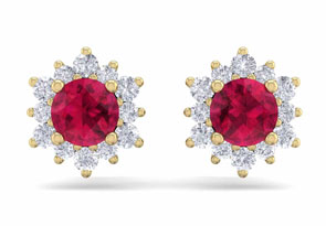 1 Carat Round Shape Flower Ruby & Diamond Halo Stud Earrings In 14K Yellow Gold (1.80 G),  By SuperJeweler