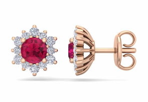 1 Carat Round Shape Flower Ruby & Diamond Halo Stud Earrings In 14K Rose Gold (1.80 G),  By SuperJeweler