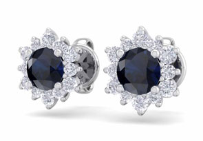 1 Carat Round Shape Flower Sapphire & Diamond Halo Stud Earrings In 14K White Gold (1.80 G),  By SuperJeweler