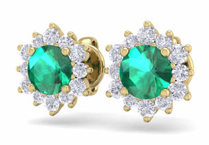 1.5 Carat Round Shape Flower Emerald Cut & Diamond Halo Stud Earrings In 14K Yellow Gold (2 G),  By SuperJeweler