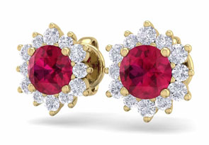 1.5 Carat Round Shape Flower Ruby & Diamond Halo Stud Earrings In 14K Yellow Gold (2 G),  By SuperJeweler