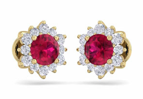 1.5 Carat Round Shape Flower Ruby & Diamond Halo Stud Earrings In 14K Yellow Gold (2 G),  By SuperJeweler