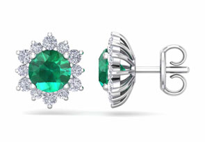 2 Carat Round Shape Flower Emerald Cut & Diamond Halo Stud Earrings In 14K White Gold (2.20 G),  By SuperJeweler