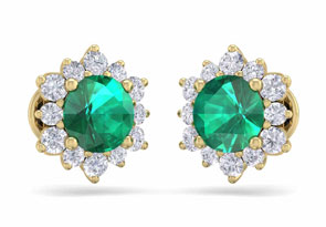 2 Carat Round Shape Flower Emerald Cut & Diamond Halo Stud Earrings In 14K Yellow Gold (2.20 G),  By SuperJeweler