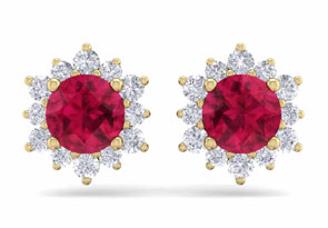 2 Carat Round Shape Flower Ruby & Diamond Halo Stud Earrings In 14K Yellow Gold (2.20 G),  By SuperJeweler