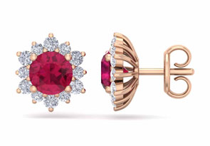 2 Carat Round Shape Flower Ruby & Diamond Halo Stud Earrings In 14K Rose Gold (2.20 G),  By SuperJeweler